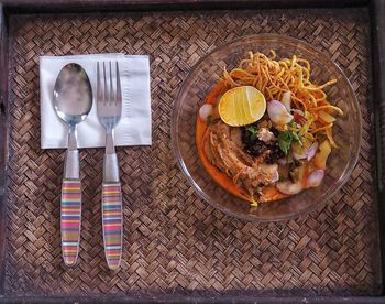 Directly above shot of food served on table