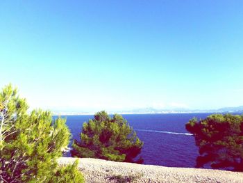 Scenic view of calm sea against clear sky