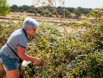 Senior woman gardening on field