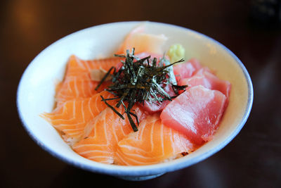 High angle view of chopped in bowl on table