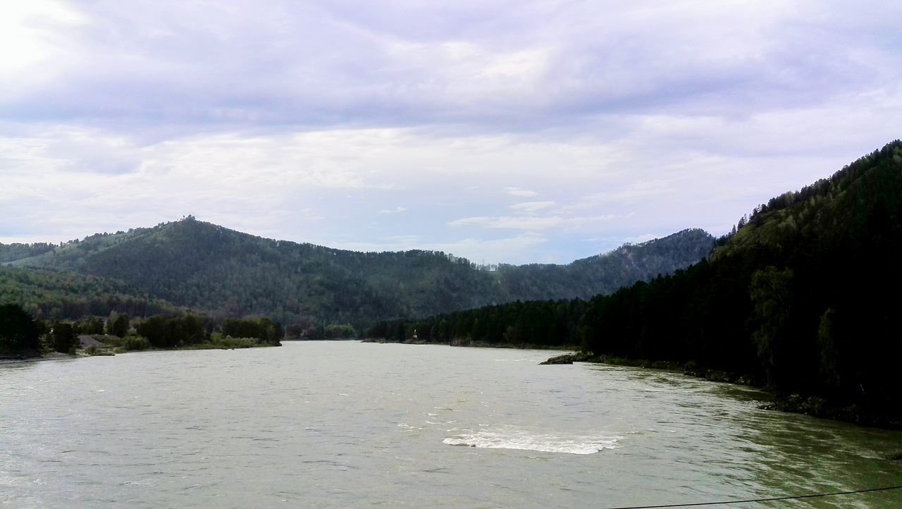 mountain, tranquil scene, sky, water, tranquility, scenics, beauty in nature, mountain range, lake, cloud - sky, tree, nature, river, cloudy, cloud, non-urban scene, landscape, idyllic, day, outdoors, no people, non urban scene, remote, rippled, growth, weather, overcast