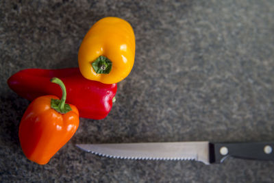 High angle view of orange bell peppers