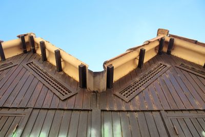 Low angle view of old building against clear blue sky