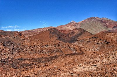 Scenic view of desert against blue sky