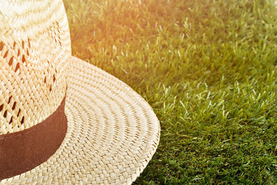 High angle view of hat on field