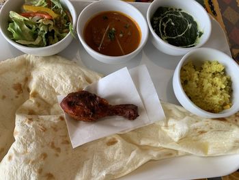 High angle view of food served on table
