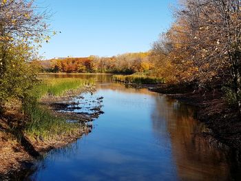 Scenic view of lake against clear sky during autumn