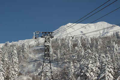 Low angle view of snow covered mountain against blue sky