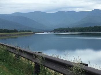 Scenic view of lake and mountains against sky