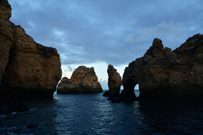 Rock formations by sea against sky