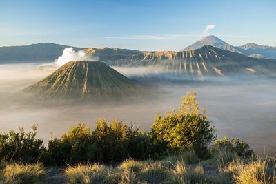 Scenic view of volcanic mountain against sky at mount bromo, java, indonesia. 