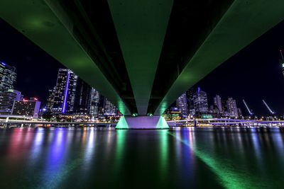 Illuminated bridge over river in city at night