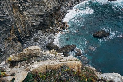 High angle view of rock formation in sea