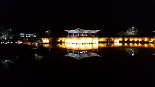 Illuminated fountain at night