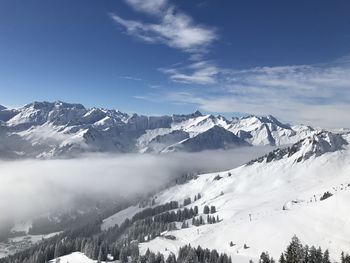 Scenic view of snow covered mountains against sky