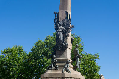 Low angle view of statue against clear blue sky