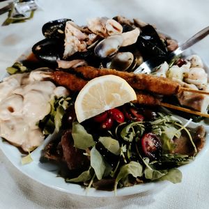 High angle view of food served in plate