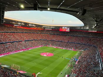 High angle view of people on soccer field