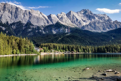 Scenic view of lake by mountains against sky