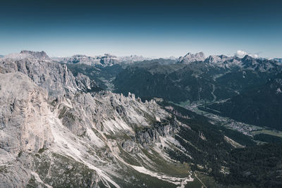 Scenic view of snowcapped mountains against clear sky