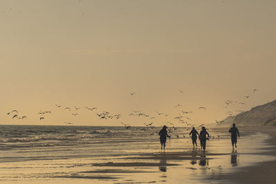 People walking on beach against clear sky during sunset