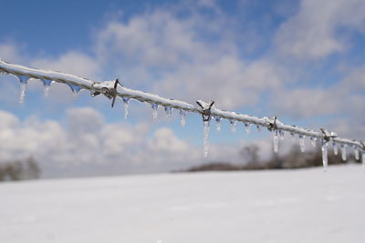 Close-up of barbed wire fence against sky during winter