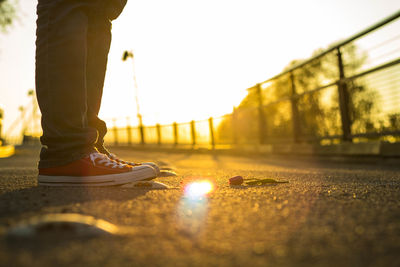 Low section of man standing on road