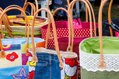 Close-up of multi colored shopping bags