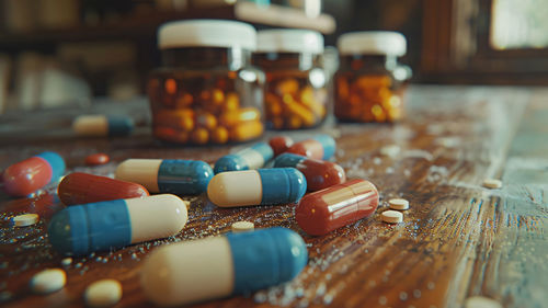 Close-up of pills on table