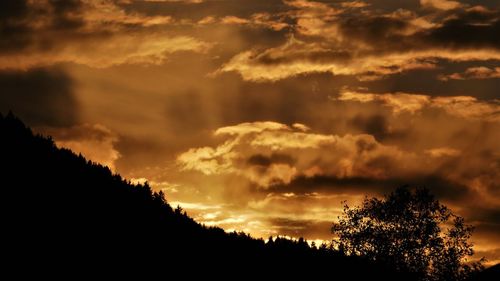 Low angle view of silhouette trees against dramatic sky