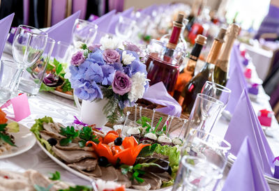 High angle view of food served on table