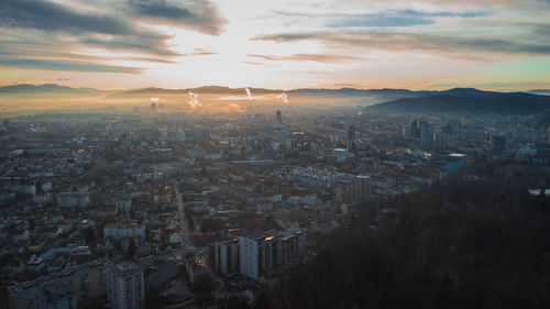 High angle view of townscape against sky during sunset