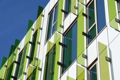 Low angle view of modern building against clear blue sky