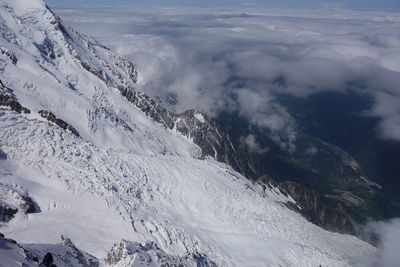 Aerial view of snowcapped mountain against cloudy sky