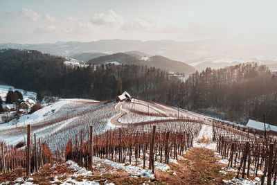 Snow covered land and mountains against sky