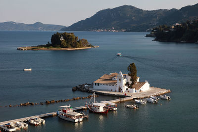 High angle view of boats in bay