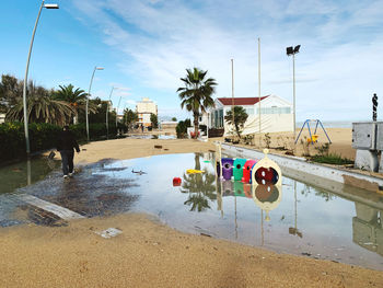 Reflection of palm trees in swimming pool