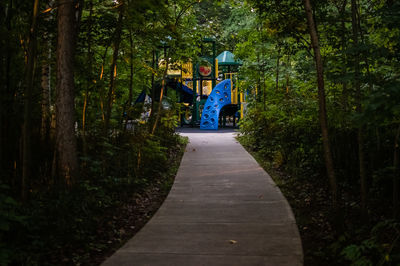 Rear view of people walking on footpath in forest