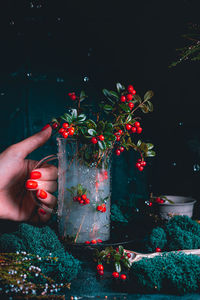 Midsection of woman holding christmas tree at night