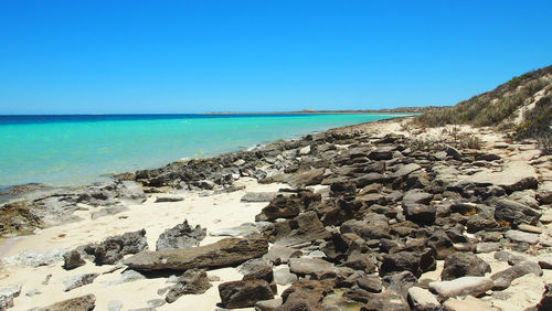 Scenic view of sea against clear blue sky