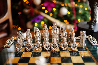 High angle view of chess pieces on table