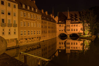 Reflection of illuminated buildings in city at night