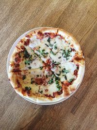 High angle view of pizza on table