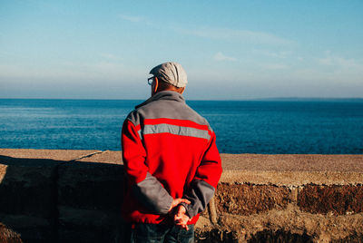 Rear view of man looking at sea against sky