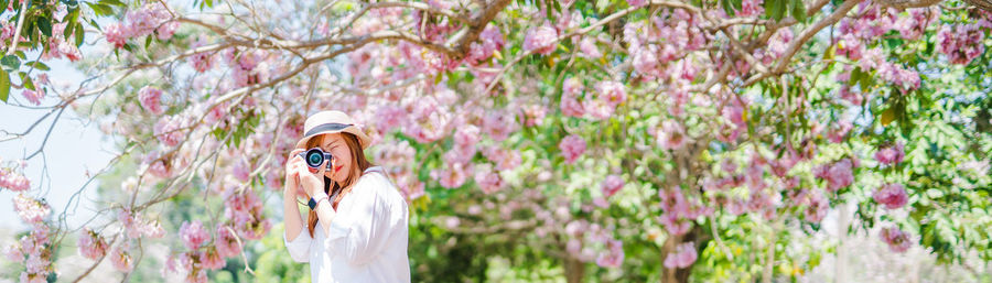 Woman photographing while standing against cherry trees