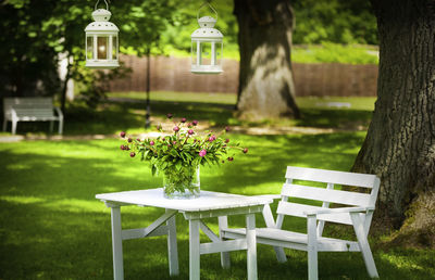 Flowers in vase on table at back yard