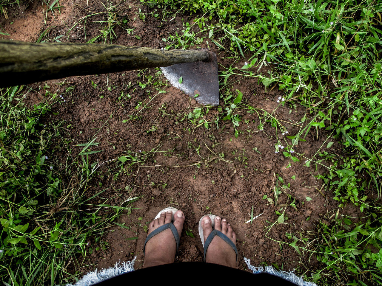 low section, human leg, personal perspective, one person, directly above, real people, standing, human body part, shoe, high angle view, outdoors, day, grass, lifestyles, water, nature, close-up, adult, people