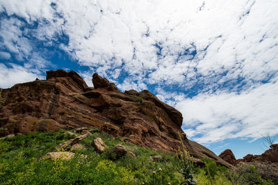 Low angle view of mountain against cloudy sky