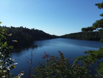 Scenic view of lake against clear blue sky