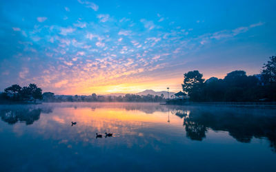 Scenic view of lake against sky during sunset